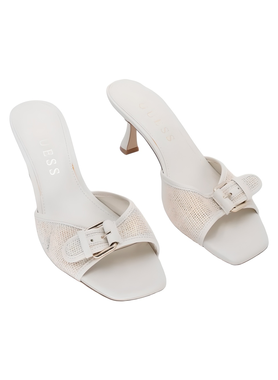GUESS Dista Buckle Ivory Woven Raffia Heeled Slide Sandals Size 11M